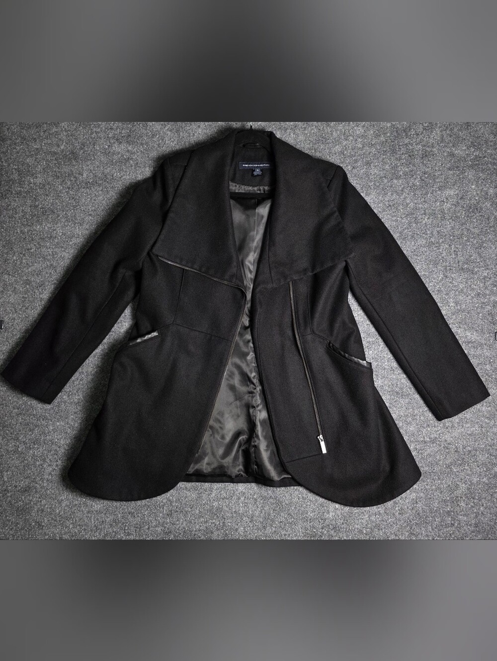French Connection Tulip Hem Coat Wool Blend Faux Leather Pocket Black Size M